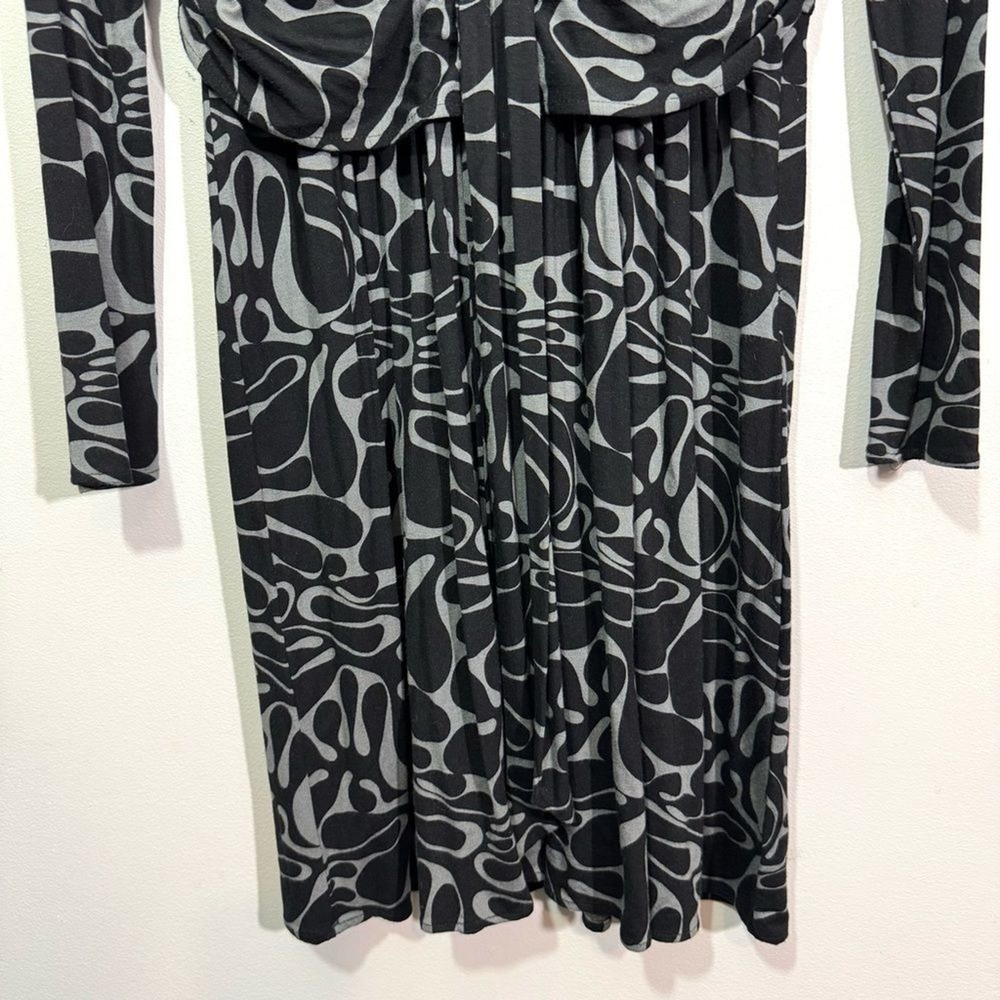 Vintage Milly V-Neck Wrap Dress Black Grey Abstract Print Long Sleeve Size M - Picture 9 of 14
